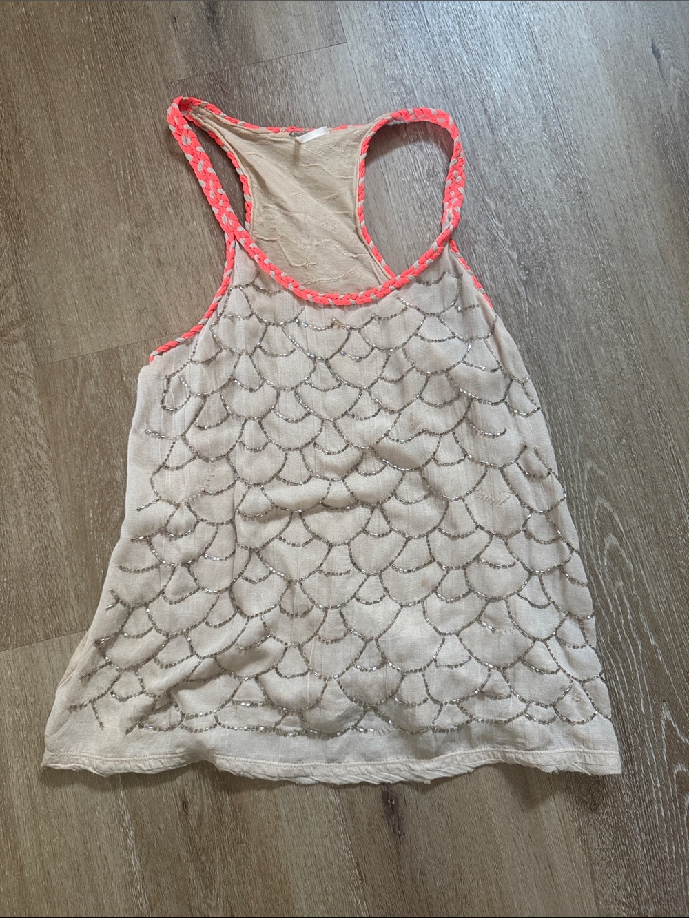 Free People Beige Sequin Scallop Tank with Coral Trim
